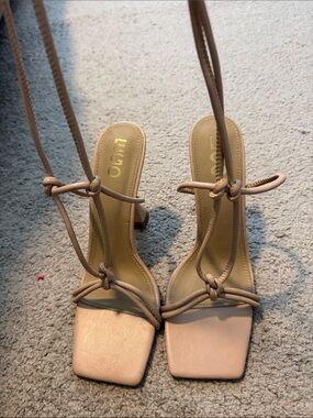 EGO Beige/Nude Strappy Square-Toe Heels with Wrap Ties